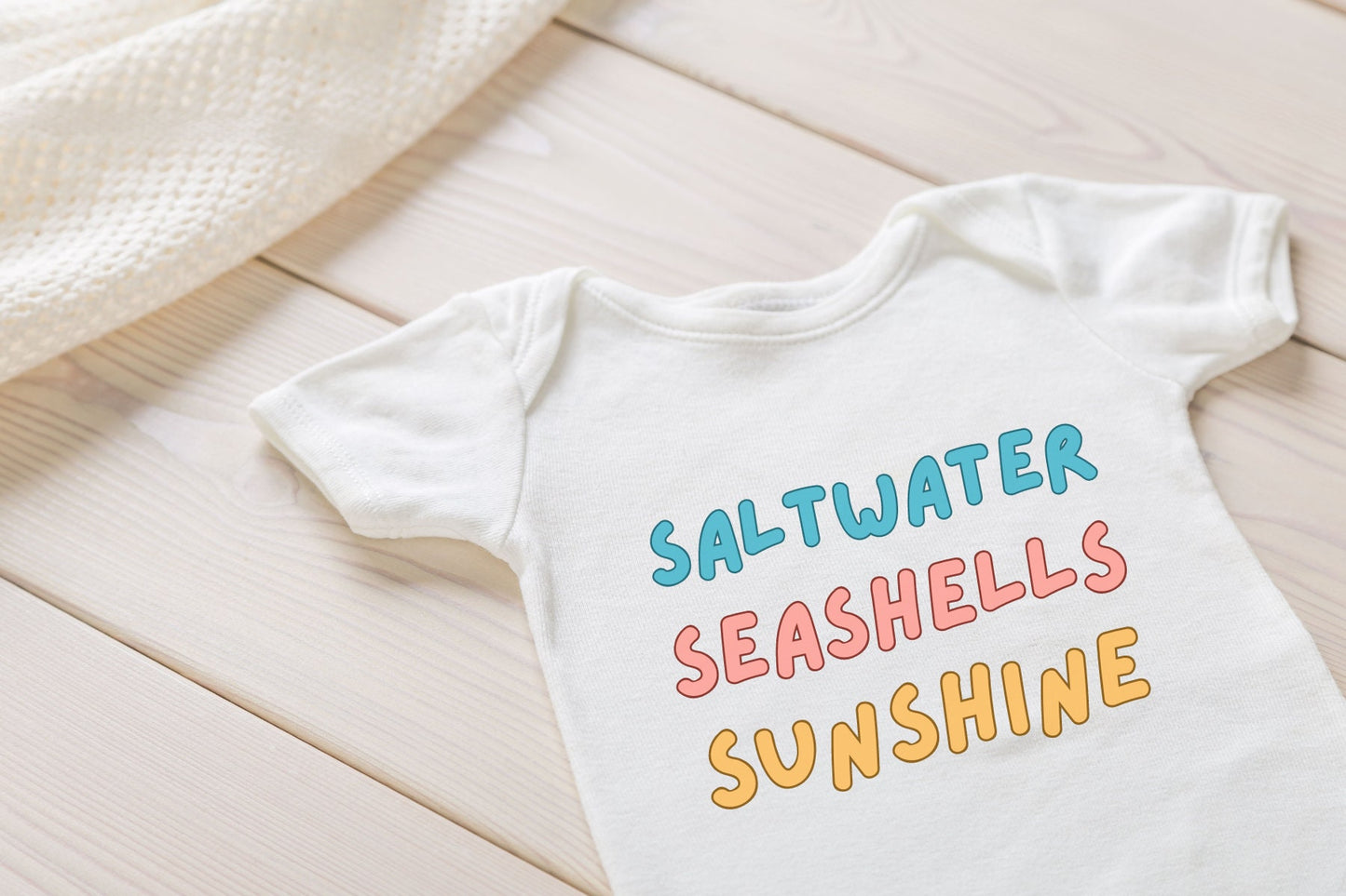 Saltwater Seashells Sunshine baby bodysuit for beach kids